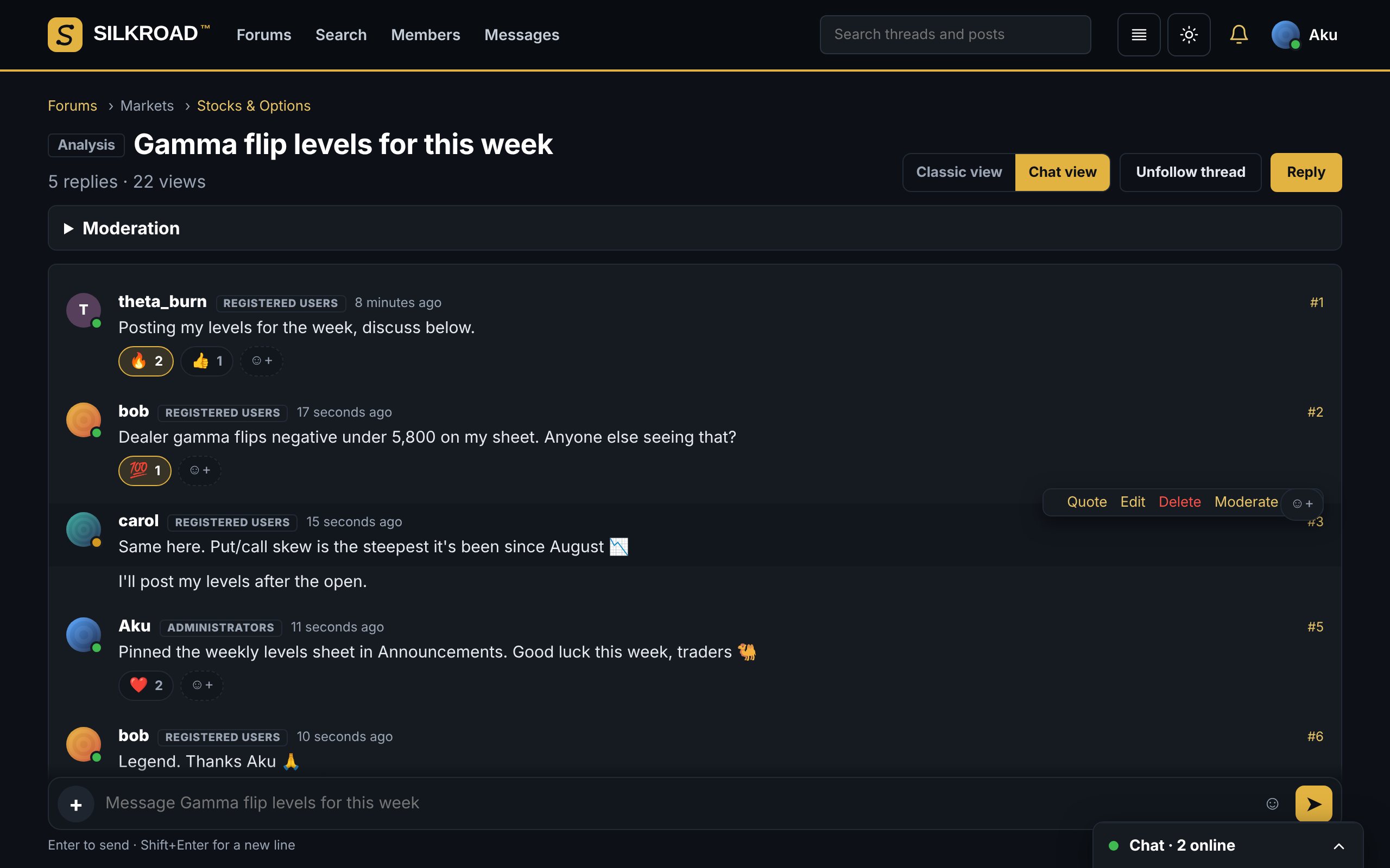 A Silkroad thread in chat view with reactions