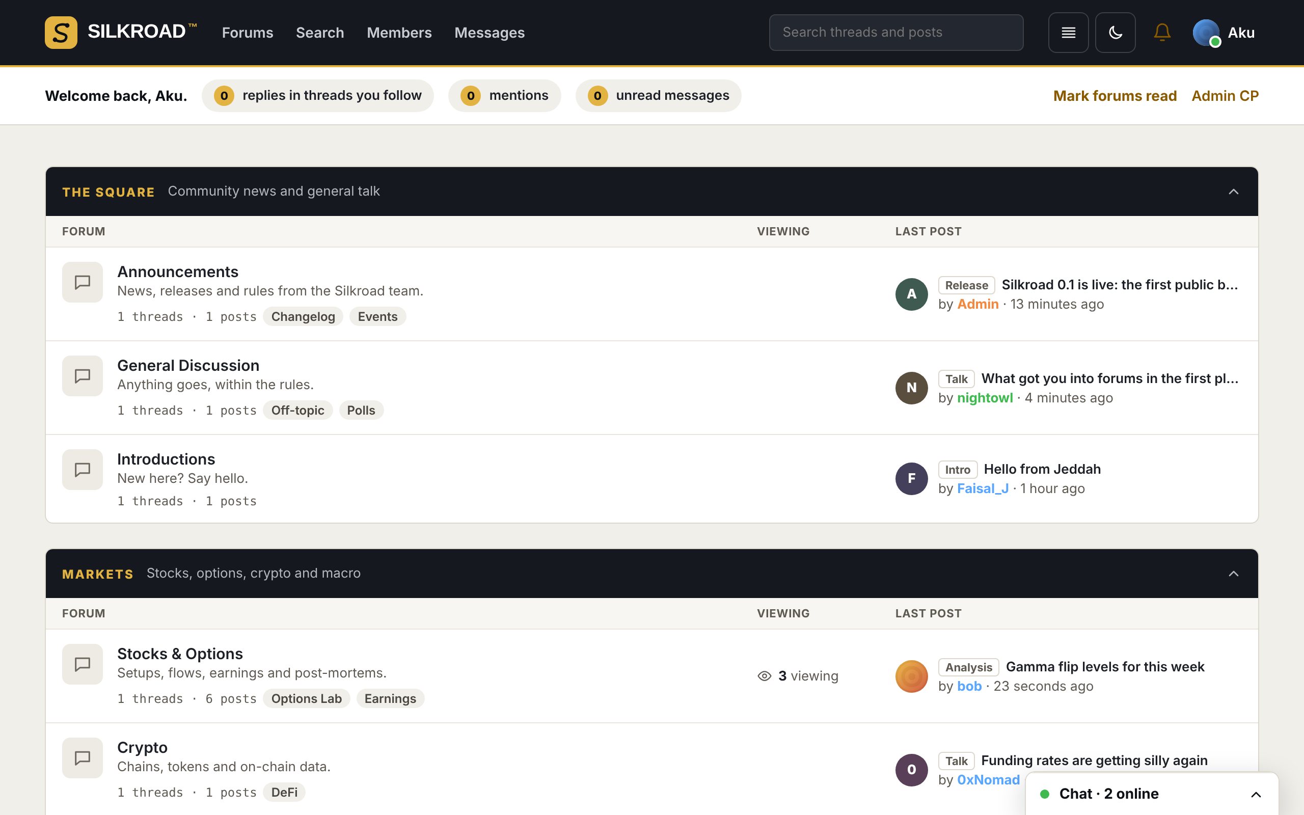 Silkroad forum home in light mode