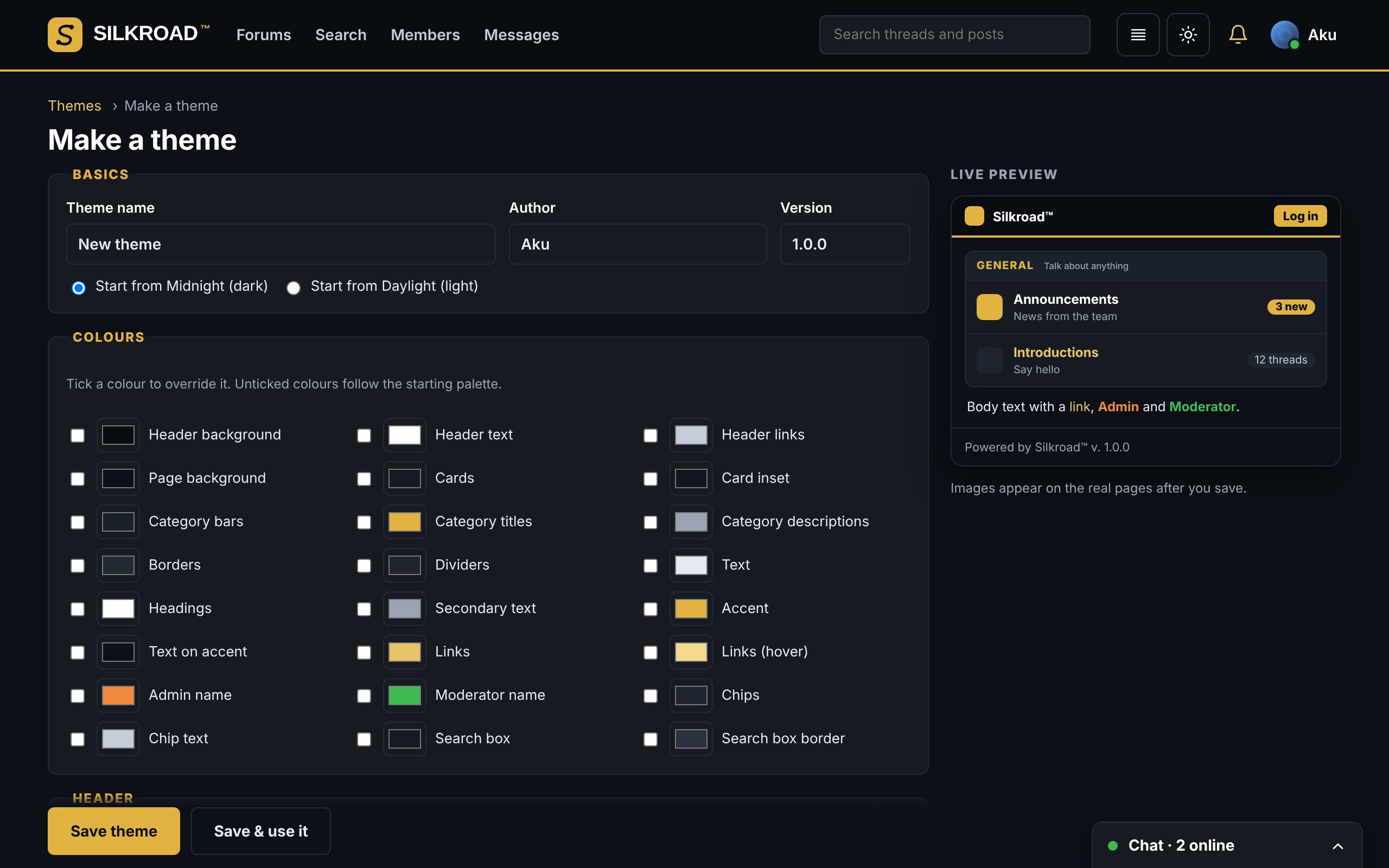 The Silkroad theme studio with live preview
